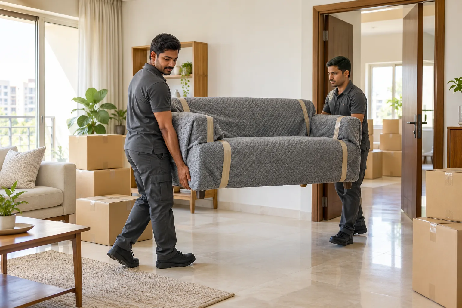 Movers carrying a protected sofa through a home